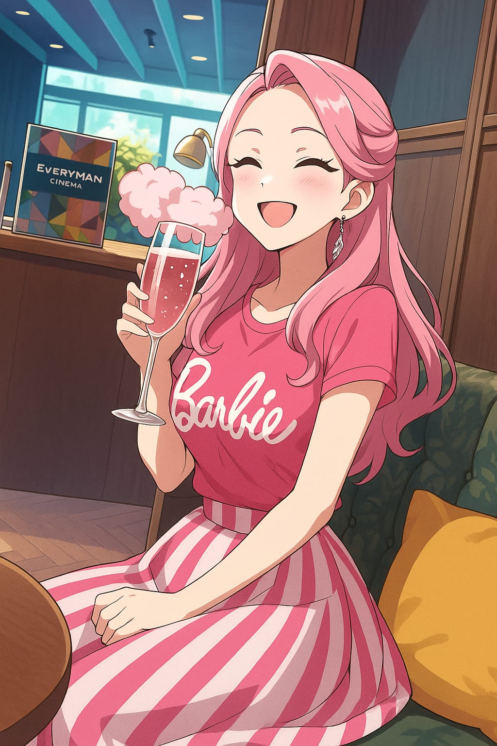 Animated character in a pink dress holding a drink in a cozy indoor setting.
