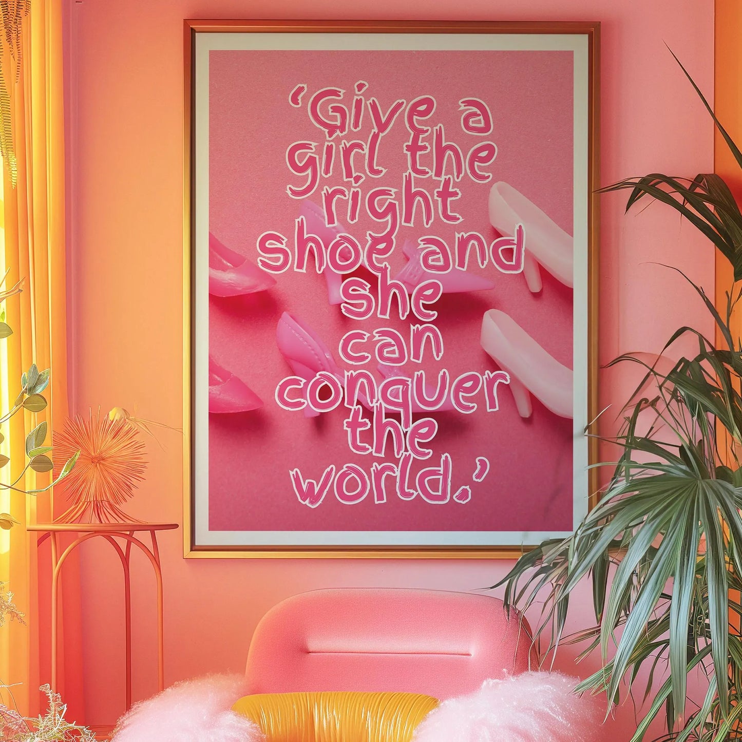 Give a girl the right shoe and she can conquer the world Pink Print