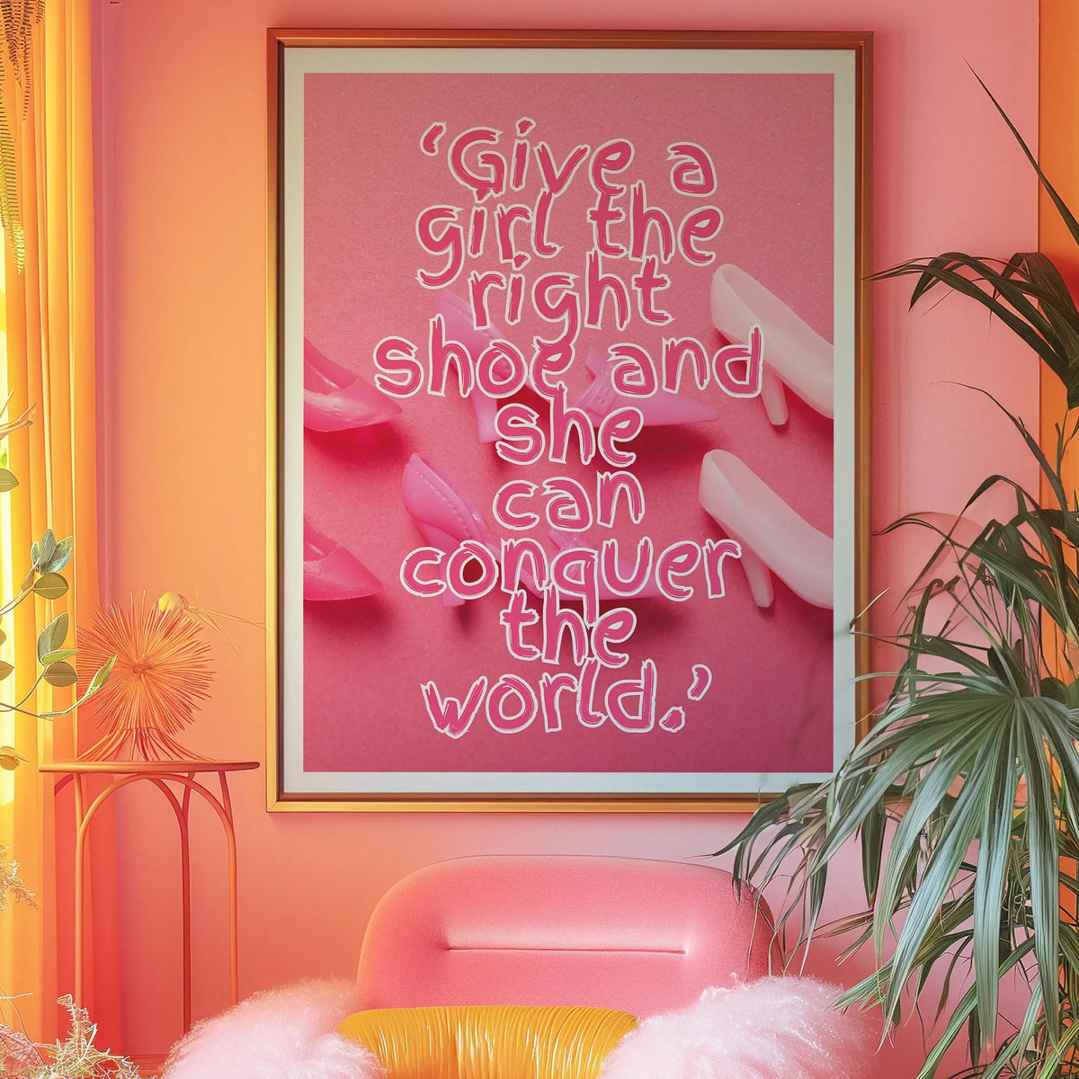 Give a girl the right shoe and she can conquer the world Pink Print